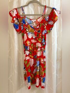 Candie’s Tropical Floral Ruffle Wrap Dress in Red | Off-Shoulder | Size XS